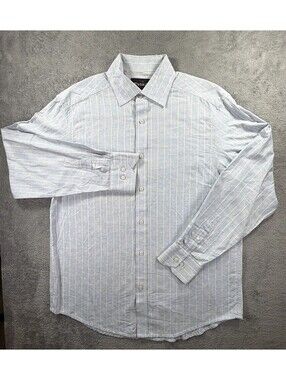 Detailed Light Blue Striped Cotton Button-Up Shirt Large